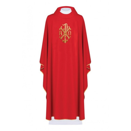 Chasuble brodée avec le symbole Alpha, Omega et PAX - rouge (H137)