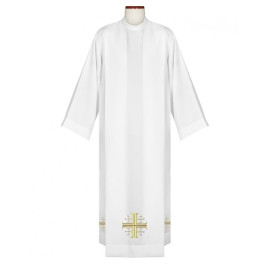 Aube de prêtre brodée d'une croix de Jérusalem dorée